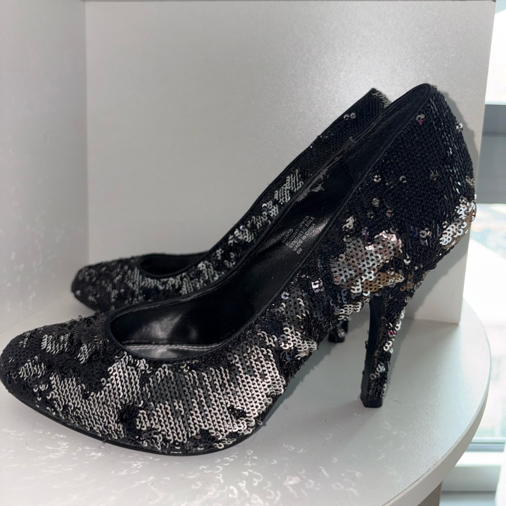 White House Black Market Black and Silver Sequin Heels